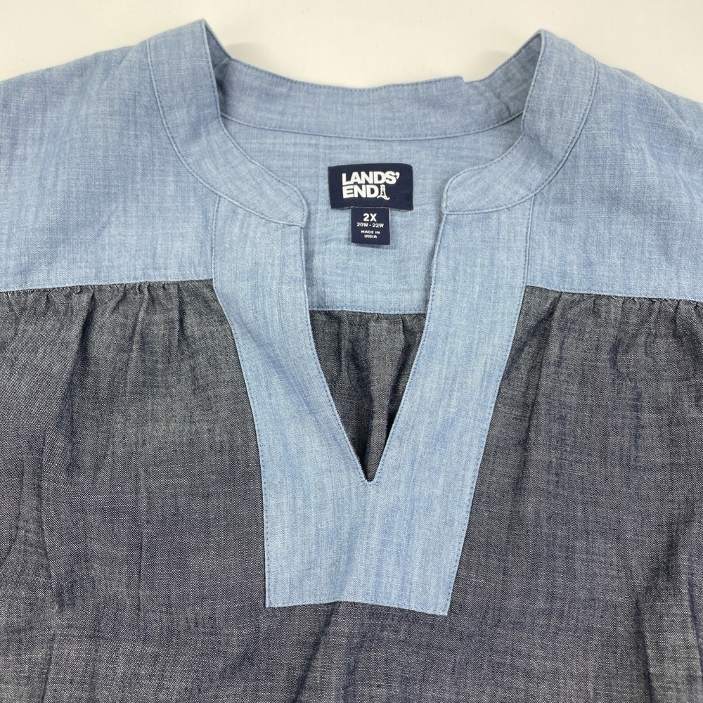 Lands End Top Womens 2XL Cotton Poplin Peasant Dark Indigo Chambray Shirt - Picture 2 of 9